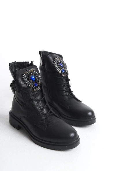 Kadın Hakiki Deri Önü Mavi Gümüş Taş Detaylı Bağcıklı Fermuarlı Bot - Resim 7