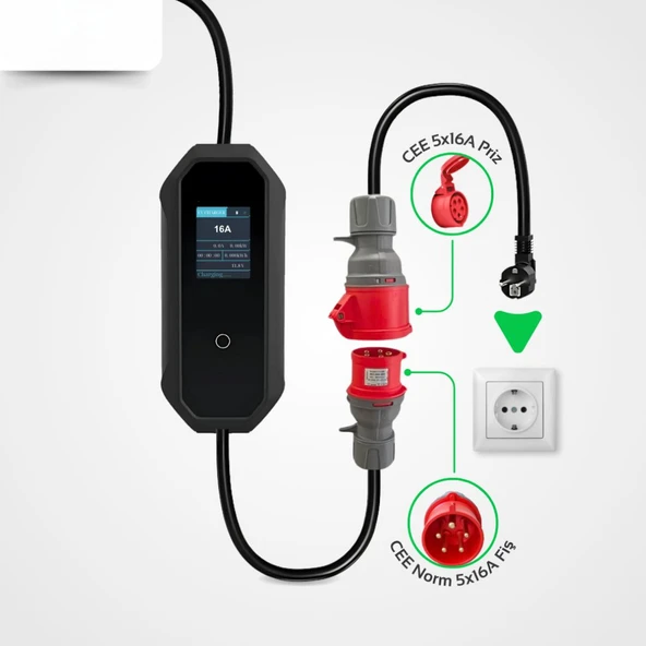 Taşınabilir Şarj Cihazı 11 kW / 3P-16A / Tip-2 / 5x16A Fiş / 5m Kablolu / 380V AC / Ev Tipi Dönüştürücü Kablo ve Taşıma Çantası Hediyeli - 4