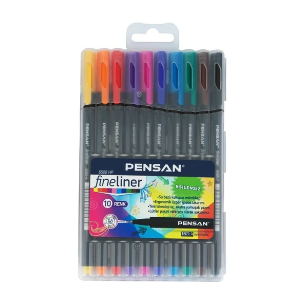 Pensan 6500 Fineliner 0.4 mm Keçe Uçlu Kalem 10 Renk Plastik Kutulu Set