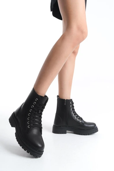 Kadın Siyah Günlük Postal Bot Rahat Taban Bağcıklı ve Fermuarlı KIşlık Ayakkabı - Resim 4
