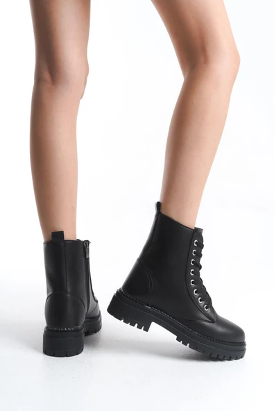 Kadın Siyah Günlük Postal Bot Rahat Taban Bağcıklı ve Fermuarlı KIşlık Ayakkabı - Resim 6
