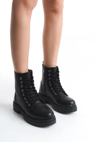 Kadın Siyah Günlük Postal Bot Rahat Taban Bağcıklı ve Fermuarlı KIşlık Ayakkabı - Resim 5