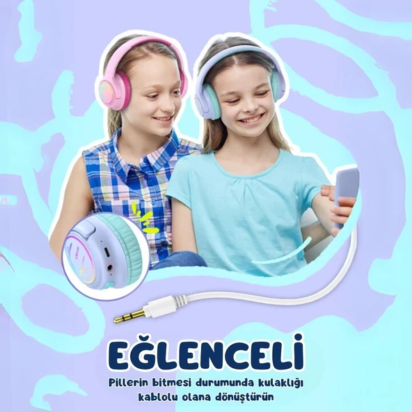iClever Led Işıklı Güvenli Ses Sınırlı 45 Saat Oynatma Süreli Bluetooth Çocuk Kulaklığı Lila - 9