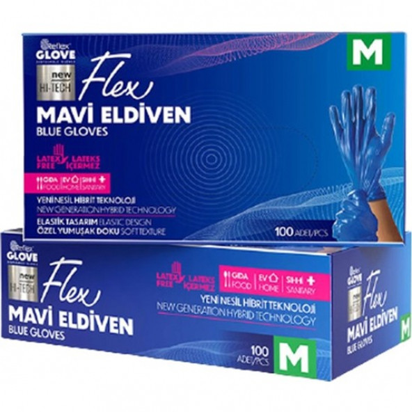 Reflex Glove Flex Eldiven 100lü Mavi M Beden 4 Kutu