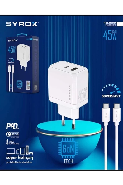 Syrox Gan 45w Pdvhızlı Turbo Şarj Type-c Ve Usb A Çift Girişli Şarj Adaptörü/ Type-c Kablo Set