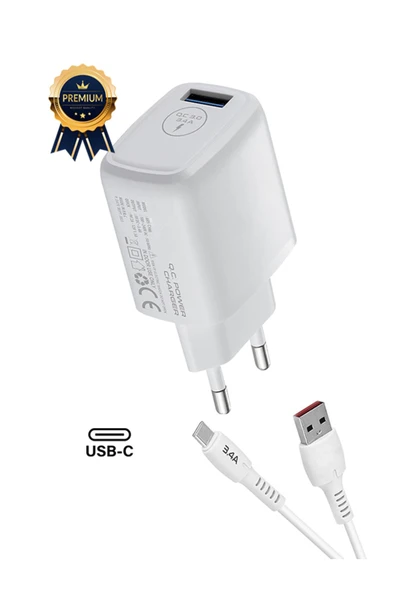 giyitec Samsung Galaxy A30 A30s A31 Uyumlu 18W Hızlı Şarj Aleti Qualcomm Quick Charger 3.4A USB To Type-C - 5