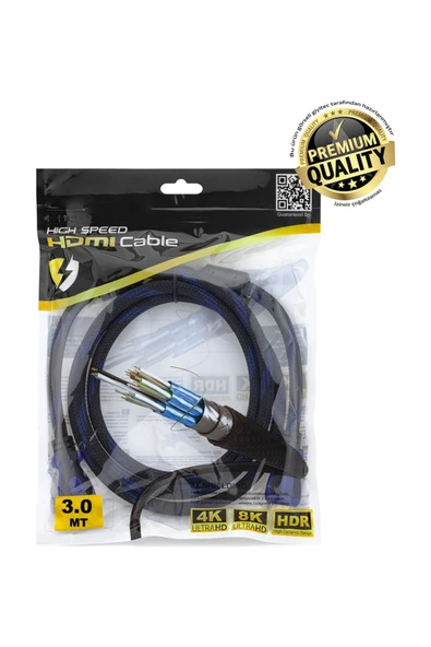 giyitec Yüksek Hızlı HDMI Kablo Örgülü Sağlam 3D 4K 8K Full Hd Tv ve Bilgisayar Görüntü Kablosu 3 METRE - 3