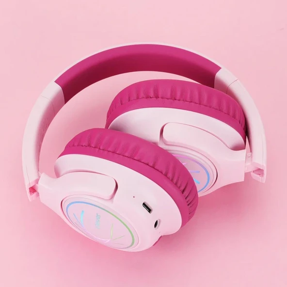 iClever Led Işıklı Güvenli Ses Sınırlı 45 Saat Oynatma Süreli Bluetooth Çocuk Kulaklığı Pembe - 2