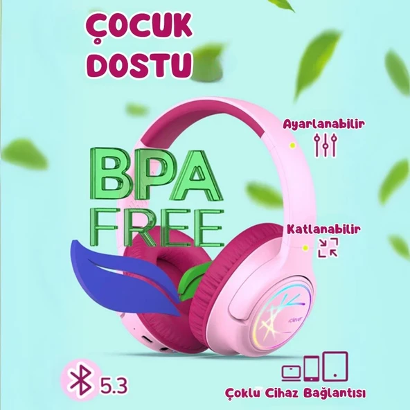 iClever Led Işıklı Güvenli Ses Sınırlı 45 Saat Oynatma Süreli Bluetooth Çocuk Kulaklığı Pembe - 8