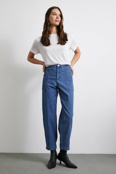 Cep Detaylı Paçası Katlamalı Mom Jean Mavi - 3