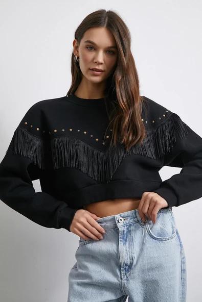 Püsküllü Crop Sweat Siyah - 2