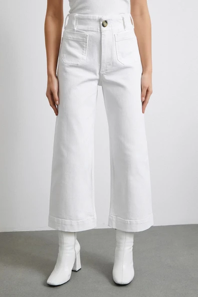 Cep Ve Düğme Detaylı Wide Leg Jean Beyaz - 4