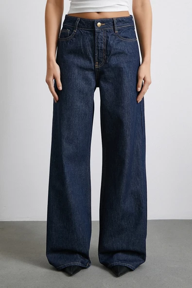 Beş Cepli Yüksek Bel Bol Paça Jean Lacivert - Resim 5