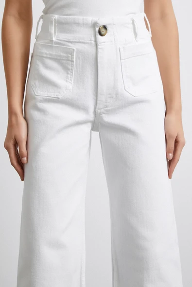 Cep Ve Düğme Detaylı Wide Leg Jean Beyaz - 5