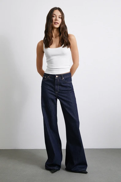 Beş Cepli Yüksek Bel Bol Paça Jean Lacivert - Resim 3