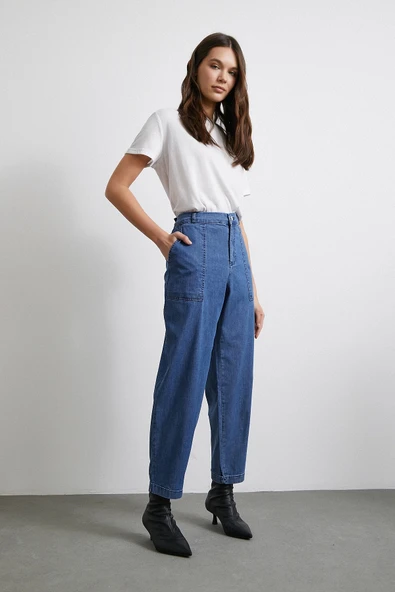 Cep Detaylı Paçası Katlamalı Mom Jean Mavi - 4