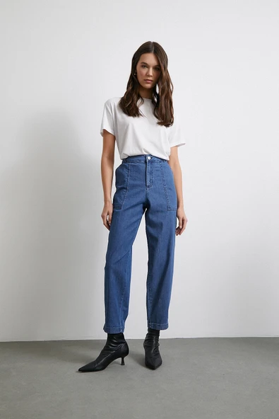 Cep Detaylı Paçası Katlamalı Mom Jean Mavi - 2