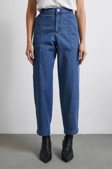 Cep Detaylı Paçası Katlamalı Mom Jean Mavi - 5