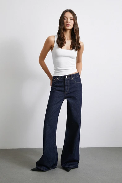 Beş Cepli Yüksek Bel Bol Paça Jean Lacivert - Resim 2