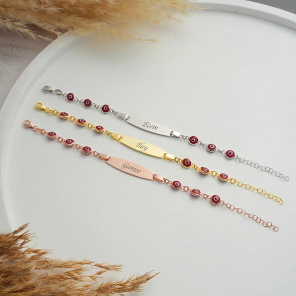 925 ayar gümüş kırmızı göz boncuklu çocuk künye isim yazılı - 3