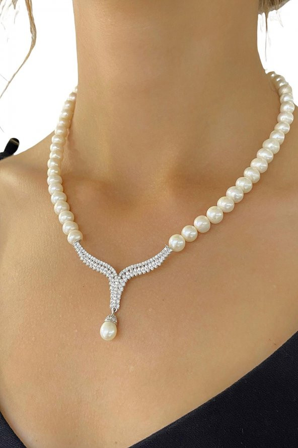 Yeni Altın Modeli Üst Kalite İnci Gerdanlık 925 Gümüş Kolye - 2