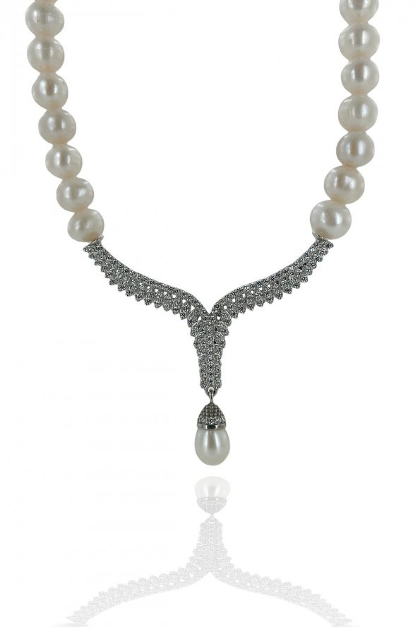 Yeni Altın Modeli Üst Kalite İnci Gerdanlık 925 Gümüş Kolye - 3