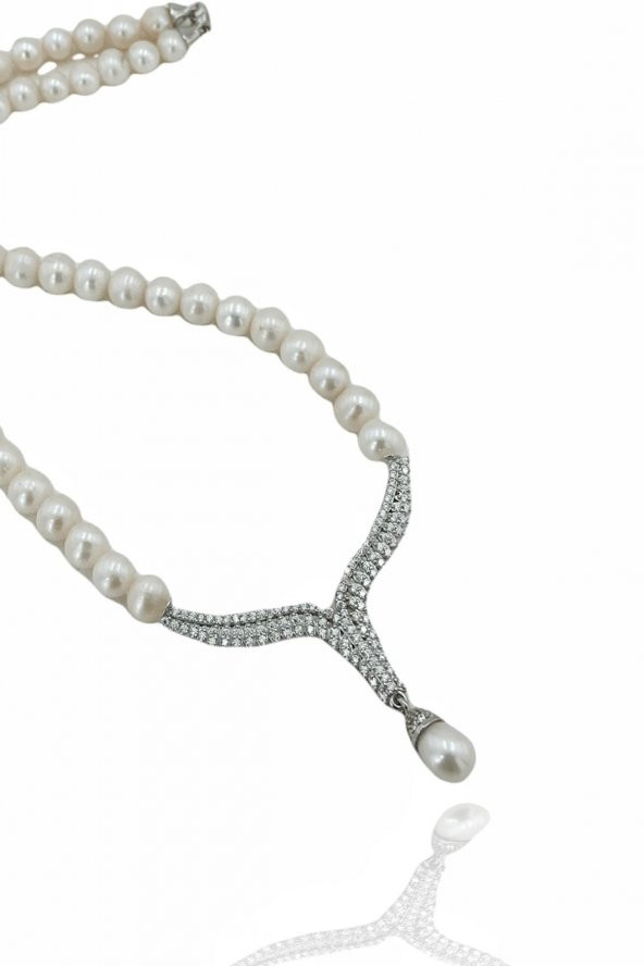 Yeni Altın Modeli Üst Kalite İnci Gerdanlık 925 Gümüş Kolye - 4