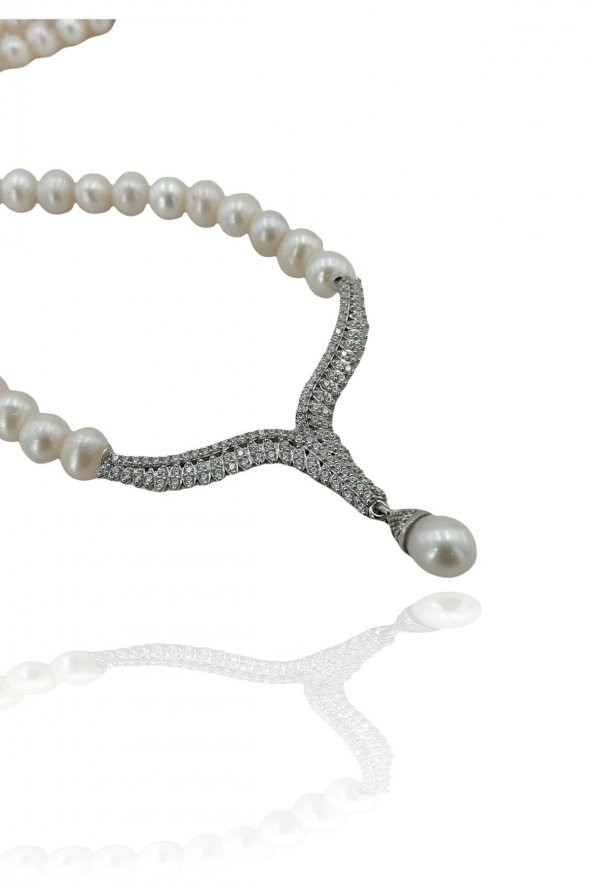 Yeni Altın Modeli Üst Kalite İnci Gerdanlık 925 Gümüş Kolye - 5