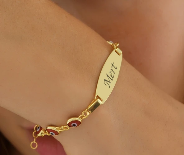 925 ayar gümüş kırmızı göz boncuklu çocuk künye isim yazılı