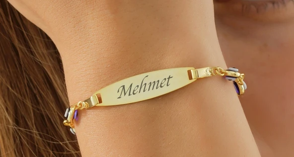 925 ayar gümüş lacivert göz boncuklu çocuk künye isim yazılı