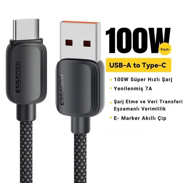 Essager E-Marker Çipli 3MT 7A 100W USB to Type C Şarj Kablosu 480Mbps Veri Aktarım Şarj Akım Korumalı Kopmaz Kablo - 2