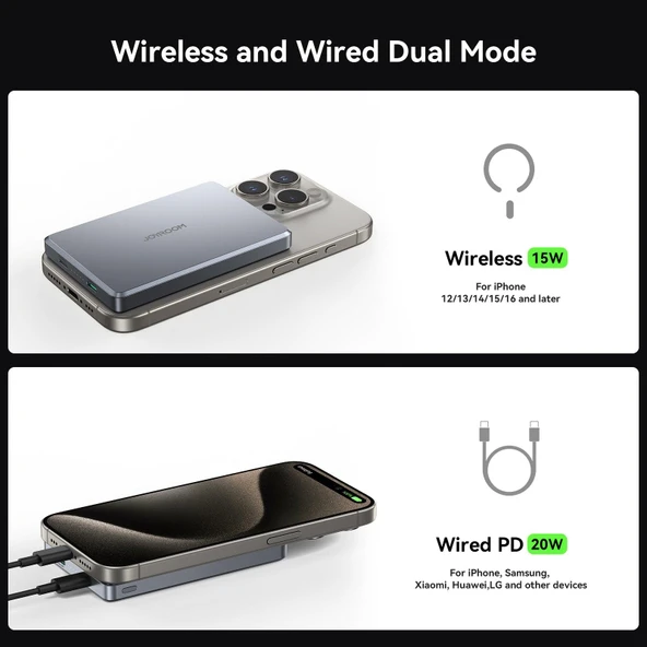 Joyroom 20W Ultra-Slim Metal MagSafe Kablosuz Ve Kablolu 20W Hızlı Şarj Power Bank 10.000mAh - 10