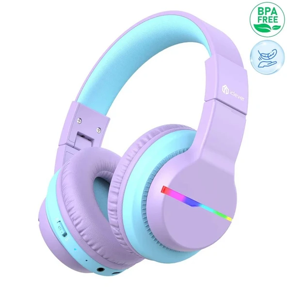 iClever Led Işıklı Güvenli Ses Sınırlı 85 Saat Oynatma Süreli Bluetooth Çocuk Kulaklığı Lila Mavi