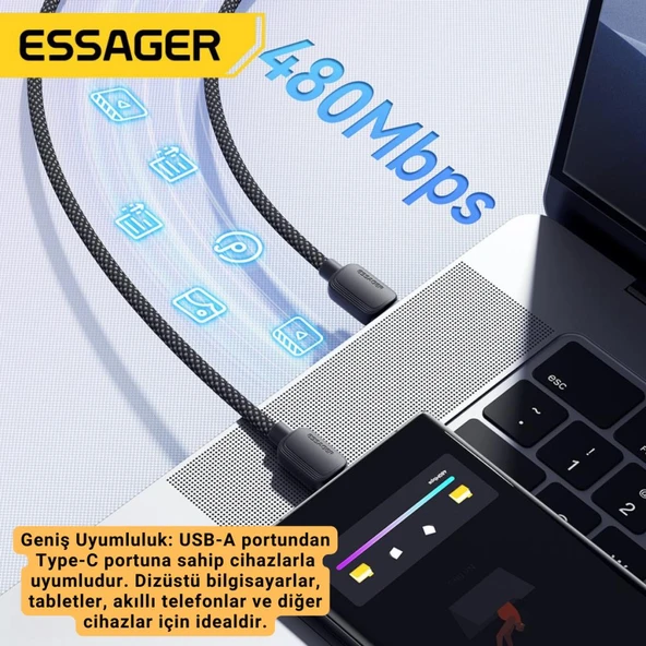 Essager E-Marker Çipli 3MT 7A 100W USB to Type C Şarj Kablosu 480Mbps Veri Aktarım Şarj Akım Korumalı Kopmaz Kablo - 3