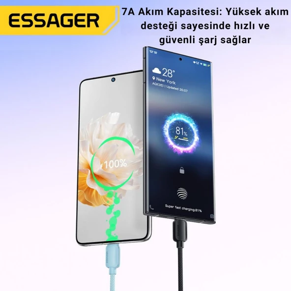 Essager E-Marker Çipli 2MT 7A 100W USB to Type C Şarj Kablosu 480Mbps Veri Aktarım Şarj Akım Korumalı Kopmaz Kablo - Resim 4
