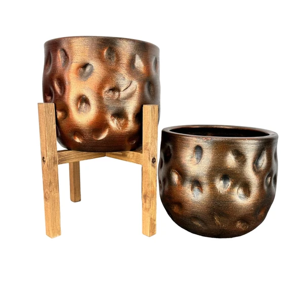 Bitki Tasarımı Ev Dekorasyon Aksesuar Bakır Desenli Toprak Saksı Saksılık Salon Çiçeklik İkili Set Ayaksız-4 Ayaklı 19 CM - 3