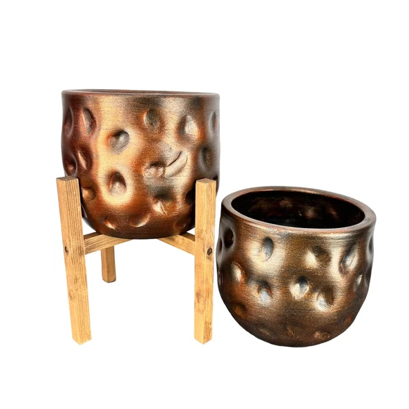 Bitki Tasarımı Ev Dekorasyon Aksesuar Bakır Desenli Toprak Saksı Saksılık Salon Çiçeklik İkili Set Ayaksız-4 Ayaklı 19 CM - 4