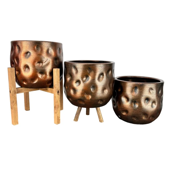 Bitki Tasarımı Ev Dekorasyon Aksesuar Bakır Desenli Toprak Saksı Saksılık Salon Çiçeklik Üçlü Set 19 CM - 3