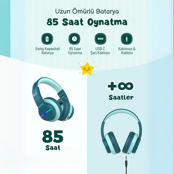 iClever Led Işıklı Güvenli Ses Sınırlı 85 Saat Oynatma Süreli Bluetooth Çocuk Kulaklığı Lila Mor - 12