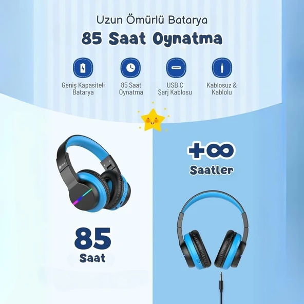 iClever Led Işıklı Güvenli Ses Sınırlı 85 Saat Oynatma Süreli Bluetooth Çocuk Kulaklığı Lila Mor - 6