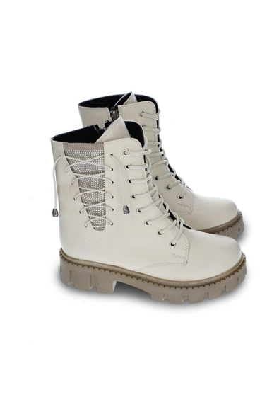 Kadın Kalın Tırtık Taban Yanı Taş Detaylı Fermuarlı Günlük Bot Bağcıklı Kışlık Ayakkabı - Resim 2