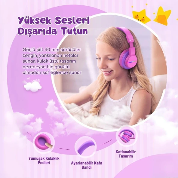 iClever Led Işıklı Güvenli Ses Sınırlı 85 Saat Oynatma Süreli Bluetooth Çocuk Kulaklığı Lila Mor - 8