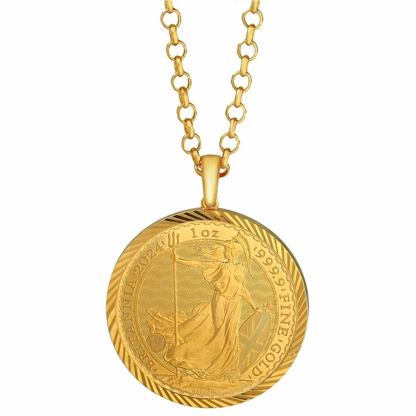 AgaKulche Britannia King Charles III 14 Ayar Kalemli Altın Çerçeve Kolye ürün görseli 1