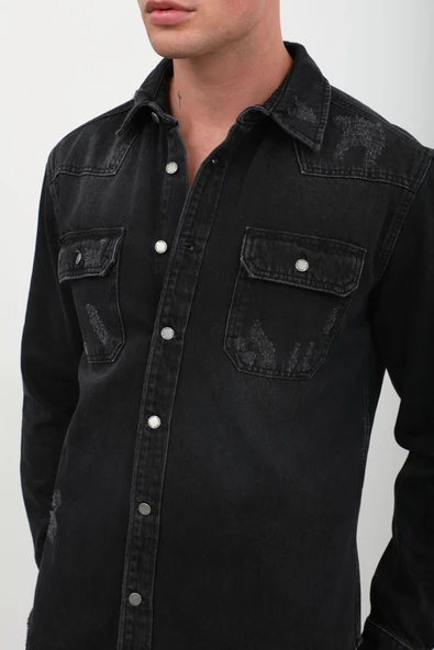 Erkek Siyah Jean Gömlek - 6