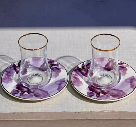 Evaliza Buket Mor Çiçek 6 Kişilik Çay Bardak Takımı - 2