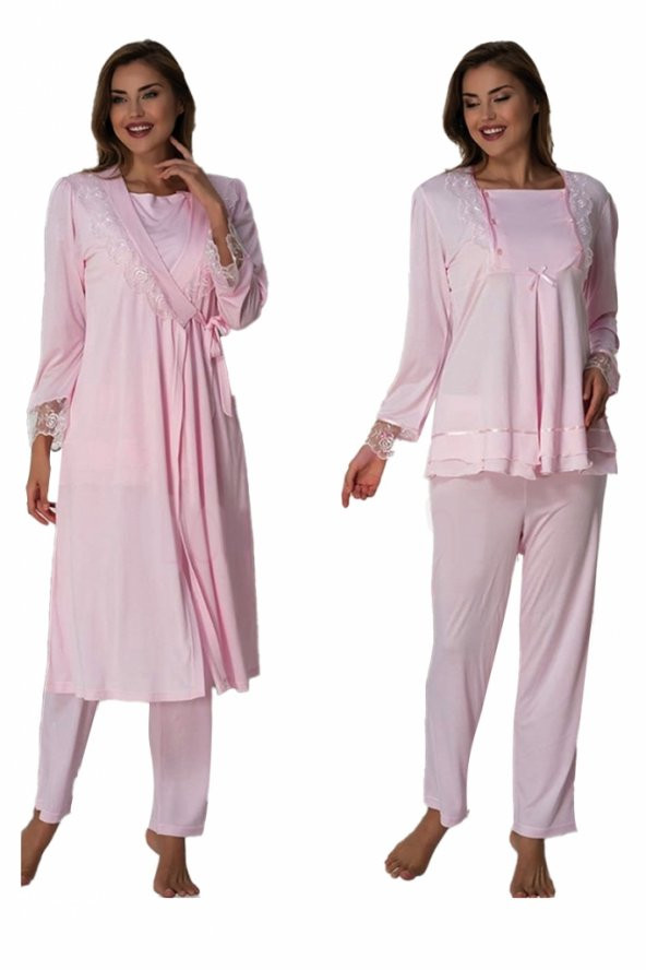 Kadın Uzun Kol Pembe Sabahlıklı Lohusa Pijama Takımı