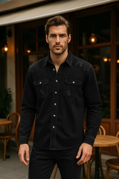 Erkek Siyah Jean Gömlek