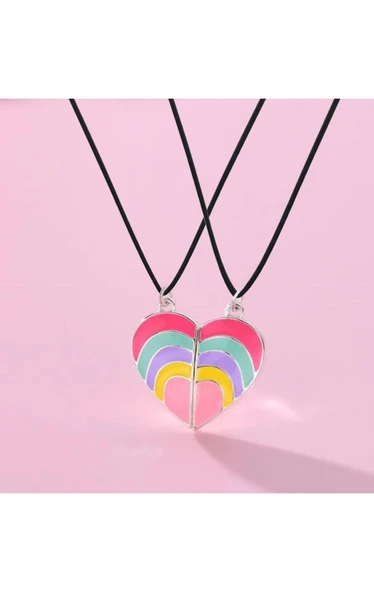 2'li Mıknatıslı Renkli Gökkuşağı Kalp Kolye Best Friends Kolye - 6