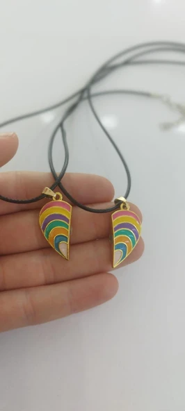 2'li Mıknatıslı Renkli Gökkuşağı Kalp Kolye Best Friends Kolye - 2