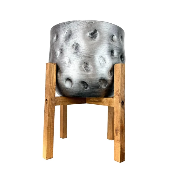 Bitki Tasarımı Ev Dekorasyon Aksesuar Gümüş Desenli Toprak Saksı Saksılık Salon Çiçeklik 4 Ayaklı 19 CM - Resim 3
